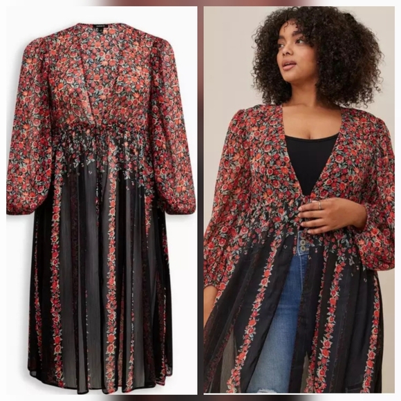 torrid Tops - Torrid Lurex Chiffon Tie Front Maxi Floral Top Top Duster Kimono 2 2X  Festival